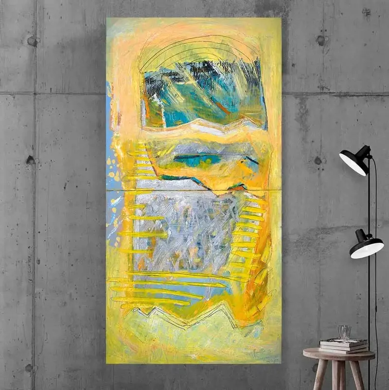 "Pizza Underground" painting by Svetlana Vuksanovic. Vertical, Tall abstract painting in yellows, blues, and grays.